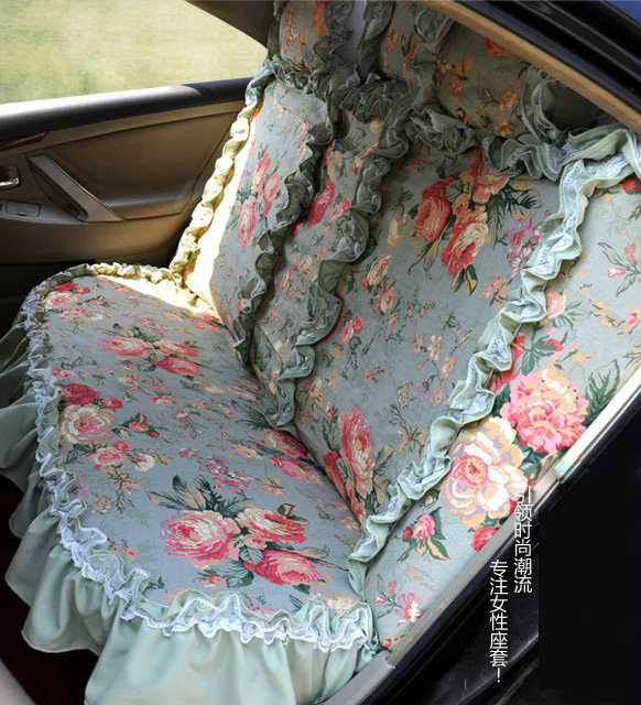 Universal Woman Pure Cotton flower Print Lace Auto Car Seat Cover 19pcs Sets - Blue
