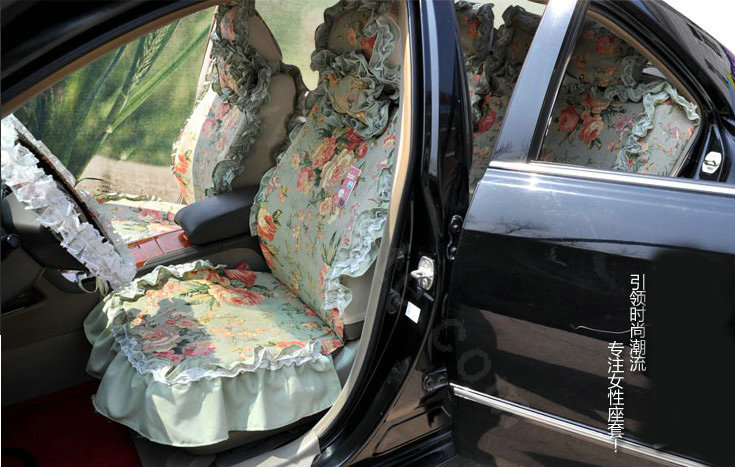 Universal Woman Pure Cotton flower Print Lace Auto Car Seat Cover 19pcs Sets - Blue