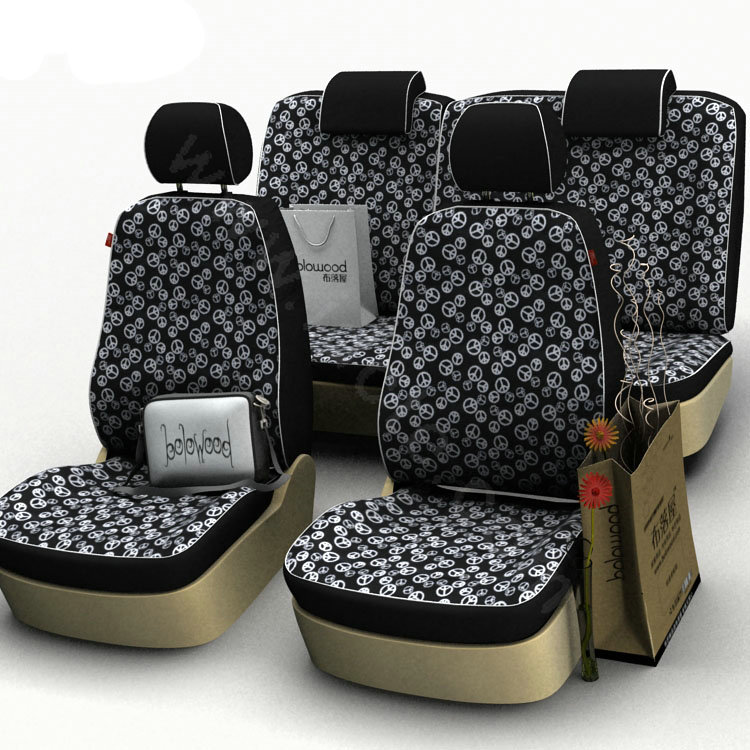 Peace Sign Customized Cotton Auto Car Seat Covers 8pcs Sets for Vehicle - Black