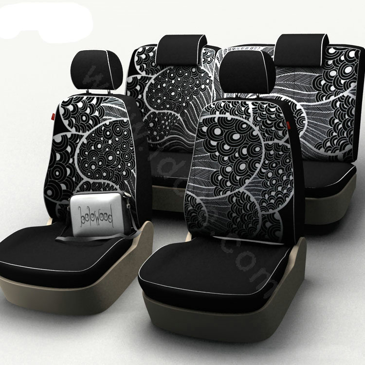 Peacock Feather Customized Cotton Auto Car Seat Covers 8pcs Sets for Vehicle - Black