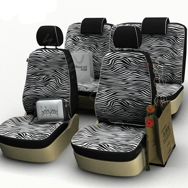 Zebra Print Customized Cotton Auto Car Seat Covers 8pcs Sets for Vehicle - White