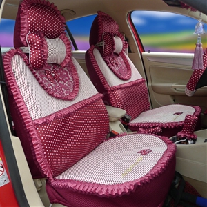 Ayrg Bowknot Polka Dots print Lace Universal Auto Car Seat Cover Ice Silk Full Set 19pcs - Rose