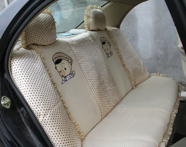 Ayrg Cute Bear Polka Dots print Lace Universal Auto Car Seat Cover Ice Silk Full Set 21pcs - Beige