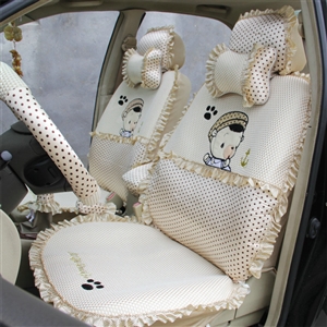 Ayrg Cute Bear Polka Dots print Lace Universal Auto Car Seat Cover Ice Silk Full Set 21pcs - Beige