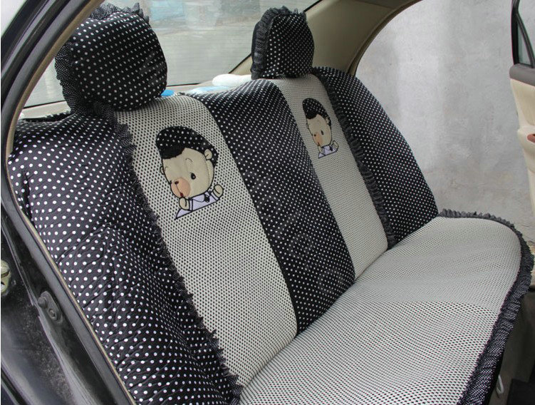 Ayrg Cute Bear Polka Dots print Lace Universal Auto Car Seat Cover Ice Silk Full Set 21pcs - Black