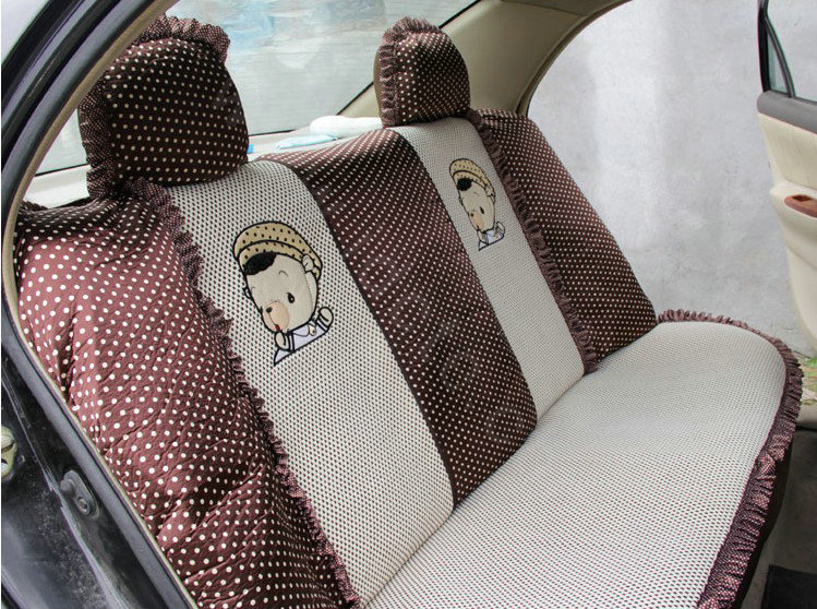 Ayrg Cute Bear Polka Dots print Lace Universal Auto Car Seat Cover Ice Silk Full Set 21pcs - Coffee