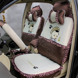Ayrg Cute Bear Polka Dots print Lace Universal Auto Car Seat Cover Ice Silk Full Set 21pcs - Coffee