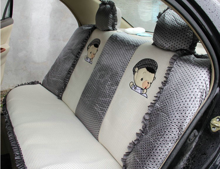 Ayrg Cute Bear Polka Dots print Lace Universal Auto Car Seat Cover Ice Silk Full Set 21pcs - Gray