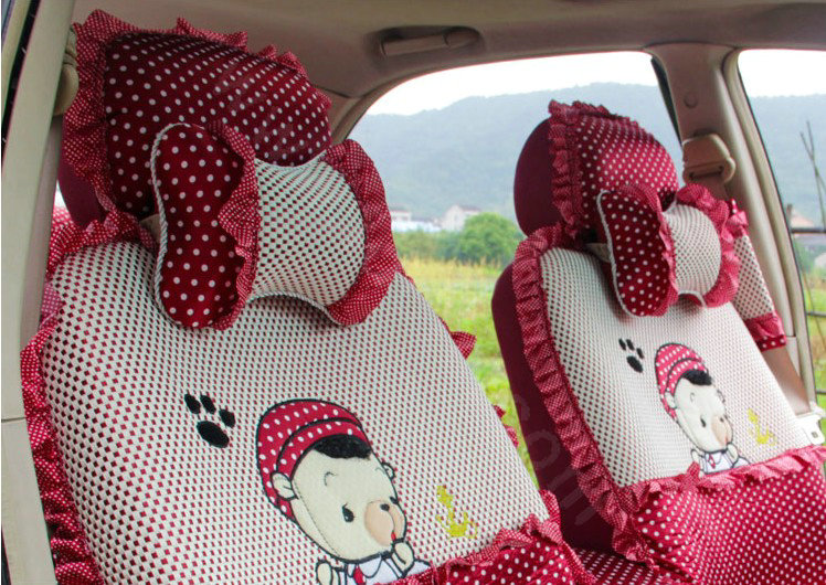 Ayrg Cute Bear Polka Dots print Lace Universal Auto Car Seat Cover Ice Silk Full Set 21pcs - Red