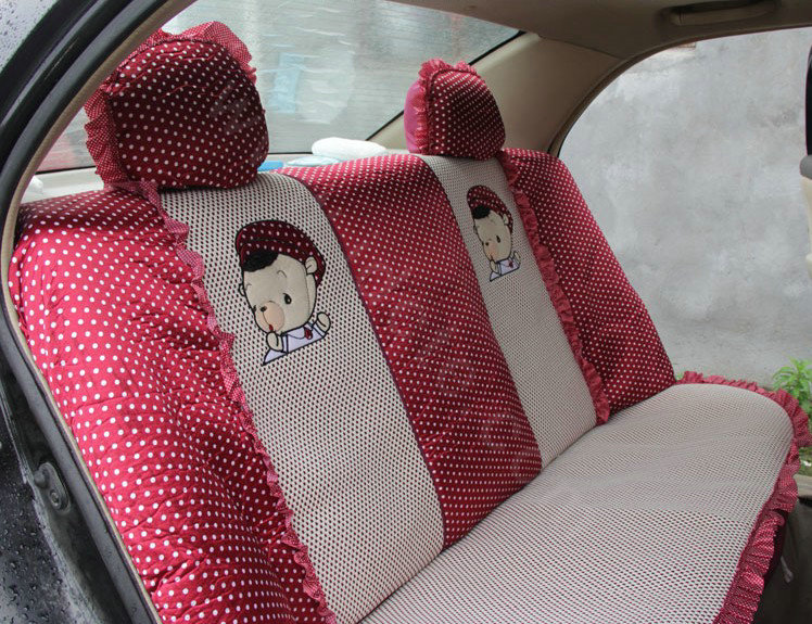 Ayrg Cute Bear Polka Dots print Lace Universal Auto Car Seat Cover Ice Silk Full Set 21pcs - Red