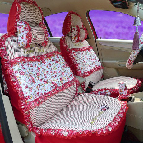 Ayrg Flower print Lace Universal Auto Car Seat Cover Ice Silk Full Set 19pcs - Red