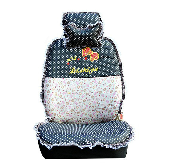 Polka Dots print Lace Bowknot Universal Auto Car Seat Cover Nylon Full Set 12pcs - Black