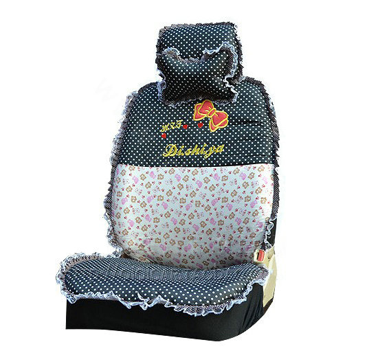 Polka Dots print Lace Bowknot Universal Auto Car Seat Cover Nylon Full Set 12pcs - Black