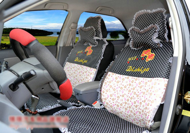 Polka Dots print Lace Bowknot Universal Auto Car Seat Cover Nylon Full Set 12pcs - Black