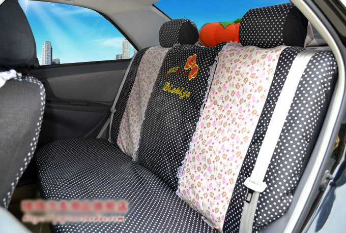 Polka Dots print Lace Bowknot Universal Auto Car Seat Cover Nylon Full Set 12pcs - Black