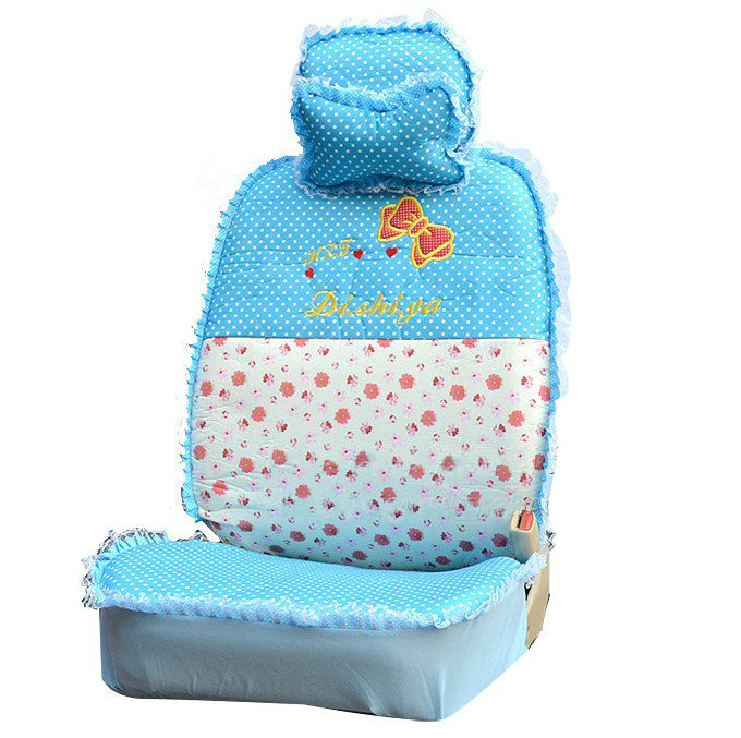 Polka Dots print Lace Bowknot Universal Auto Car Seat Cover Nylon Full Set 12pcs - Blue