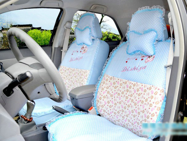 Polka Dots print Lace Bowknot Universal Auto Car Seat Cover Nylon Full Set 12pcs - Blue