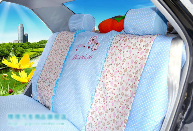 Polka Dots print Lace Bowknot Universal Auto Car Seat Cover Nylon Full Set 12pcs - Blue