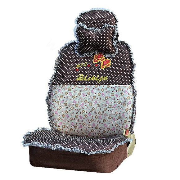 Polka Dots print Lace Bowknot Universal Auto Car Seat Cover Nylon Full Set 12pcs - Coffee