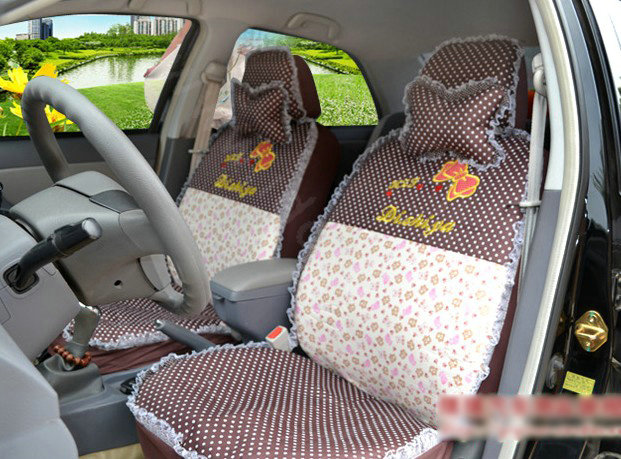 Polka Dots print Lace Bowknot Universal Auto Car Seat Cover Nylon Full Set 12pcs - Coffee