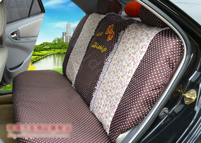 Polka Dots print Lace Bowknot Universal Auto Car Seat Cover Nylon Full Set 12pcs - Coffee
