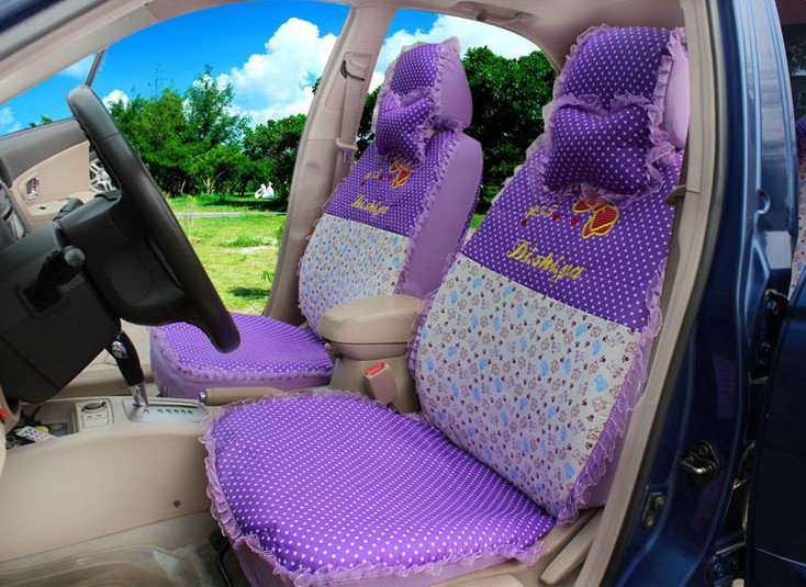 Polka Dots print Lace Bowknot Universal Auto Car Seat Cover Nylon Full Set 12pcs - Purple