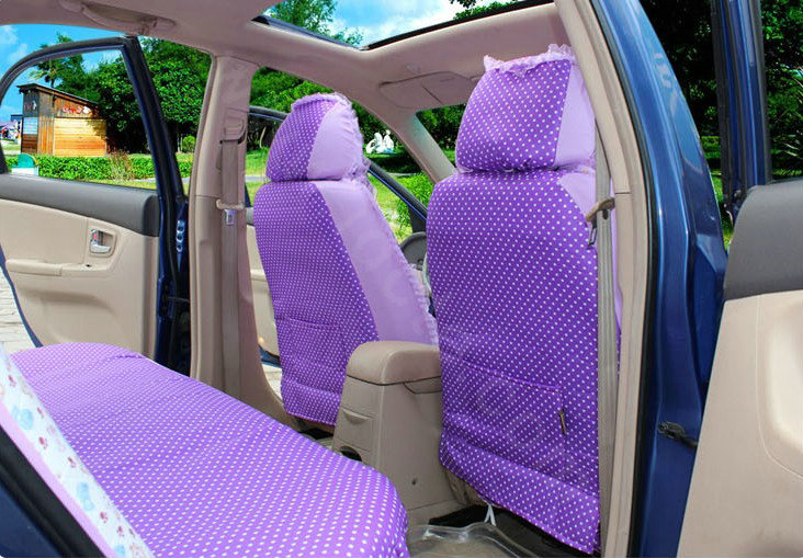 Polka Dots print Lace Bowknot Universal Auto Car Seat Cover Nylon Full Set 12pcs - Purple