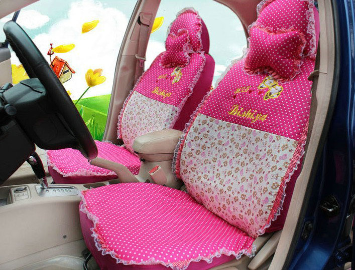 Polka Dots print Lace Bowknot Universal Auto Car Seat Cover Nylon Full Set 12pcs - Rose