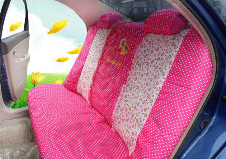Polka Dots print Lace Bowknot Universal Auto Car Seat Cover Nylon Full Set 12pcs - Rose