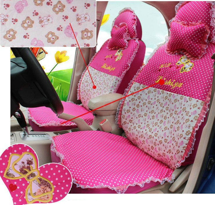 Polka Dots print Lace Bowknot Universal Auto Car Seat Cover Nylon Full Set 12pcs - Rose