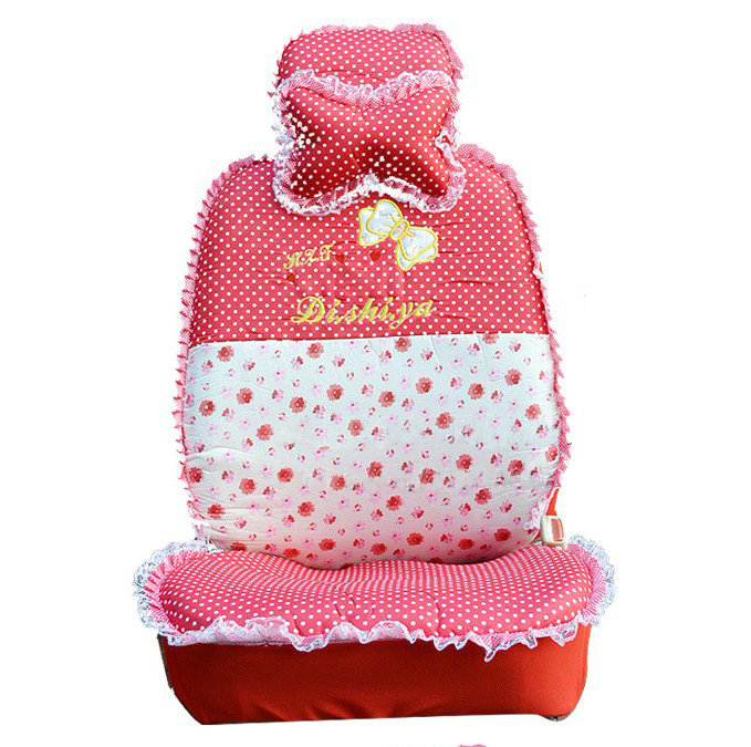 Polka Dots print Lace Universal Auto Car Seat Cover Nylon Full Set 12pcs - Red