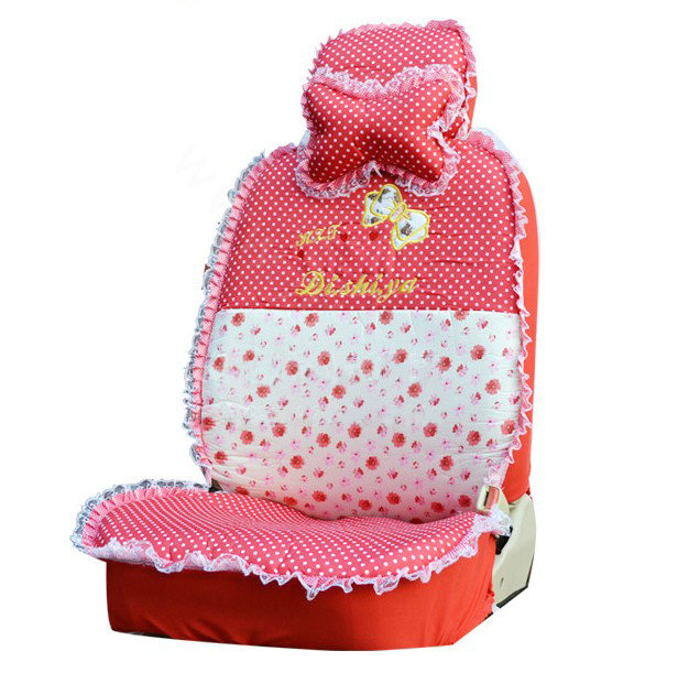 Polka Dots print Lace Universal Auto Car Seat Cover Nylon Full Set 12pcs - Red