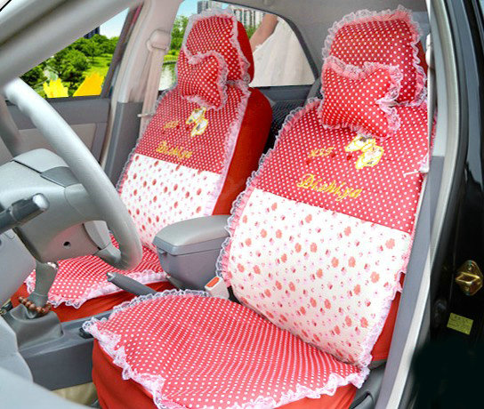 Polka Dots print Lace Universal Auto Car Seat Cover Nylon Full Set 12pcs - Red