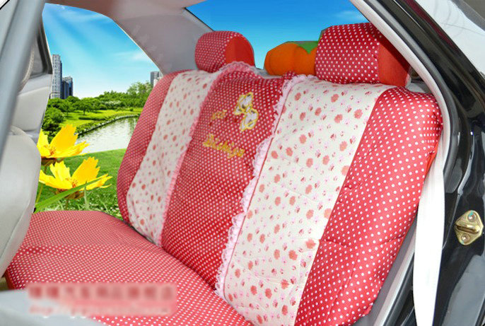 Polka Dots print Lace Universal Auto Car Seat Cover Nylon Full Set 12pcs - Red