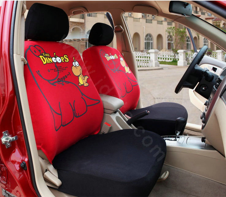 Universal Cotton Dinosaur Print Auto Car Seat Cover 10pcs Sets - Red+Black