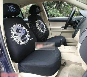 Universal Cotton Dragon Print Auto Car Seat Cover 10pcs Sets - Black