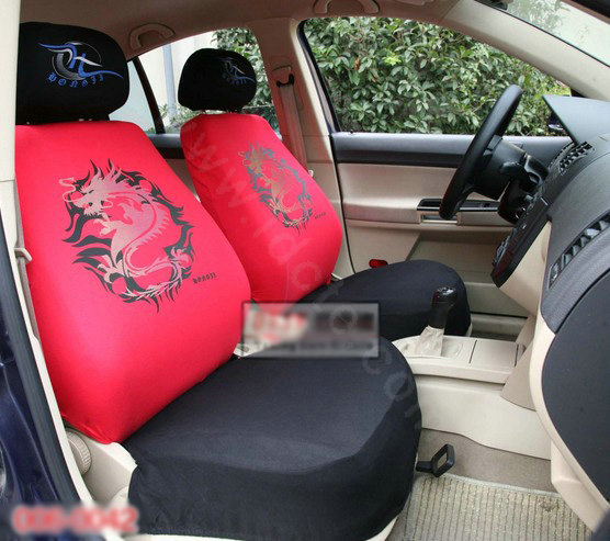 Universal Cotton Dragon Print Auto Car Seat Cover 10pcs Sets - Red+Black