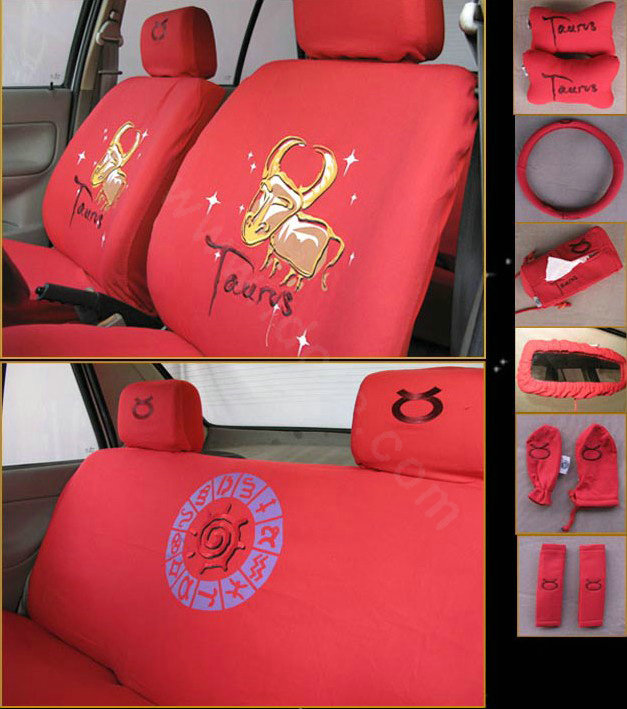 Universal Cotton Taurus Cow Print Auto Car Seat Cover 19pcs Sets - Red
