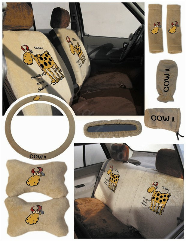 Universal Plush Velvet Cow Print Auto Car Seat Cover 18pcs Sets - Beige+Coffee