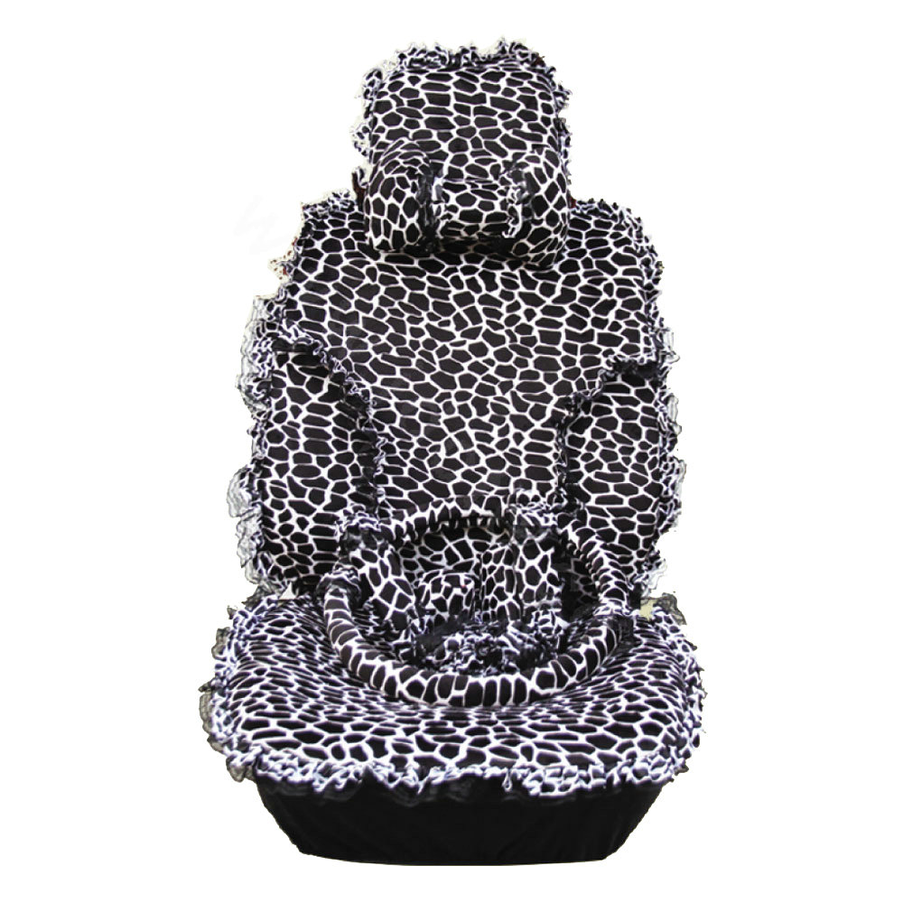 Universal Plush Velvet Giraffe print Lace Auto Car Seat Cover 18pcs Sets - Black