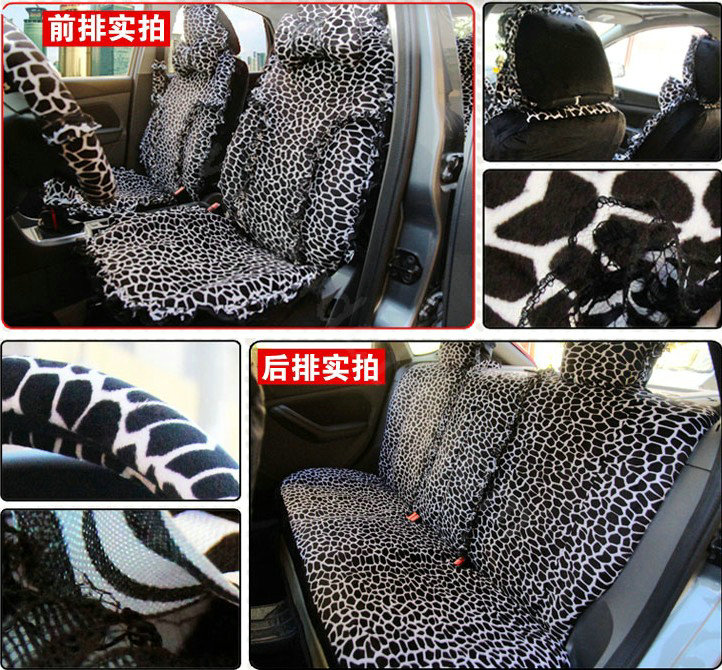 Universal Plush Velvet Giraffe print Lace Auto Car Seat Cover 18pcs Sets - Black