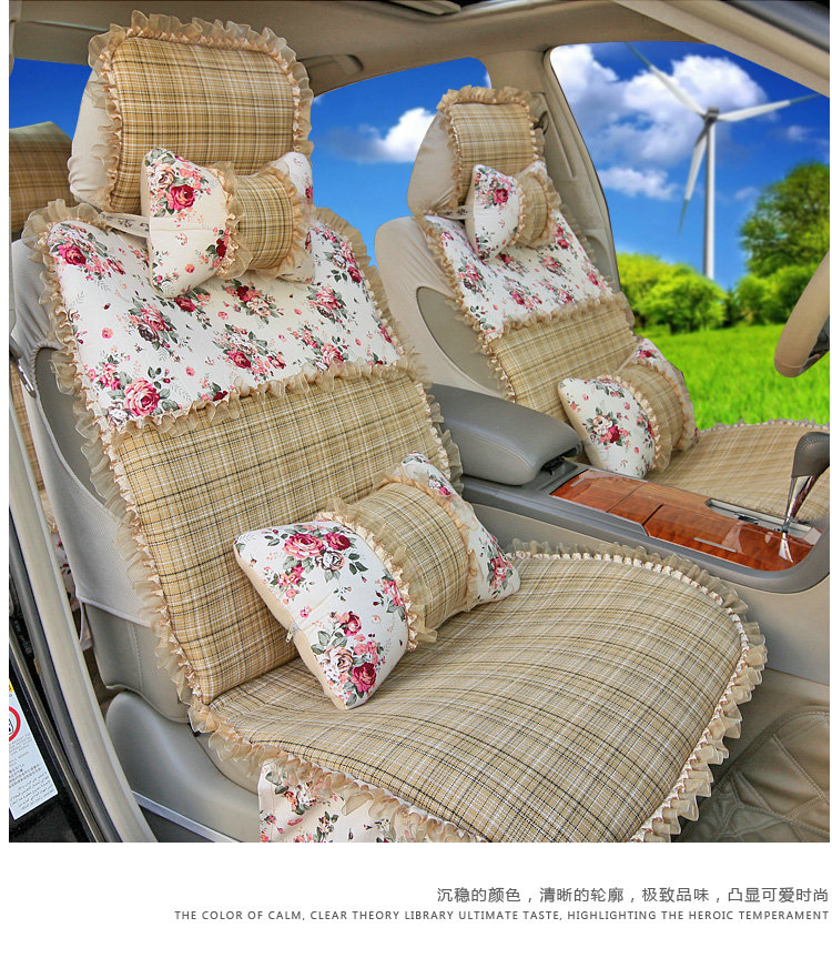 Universal Flax Cotton Flower Print Lace Car Seat Cover Auto Cushion 10pcs Sets - Beige