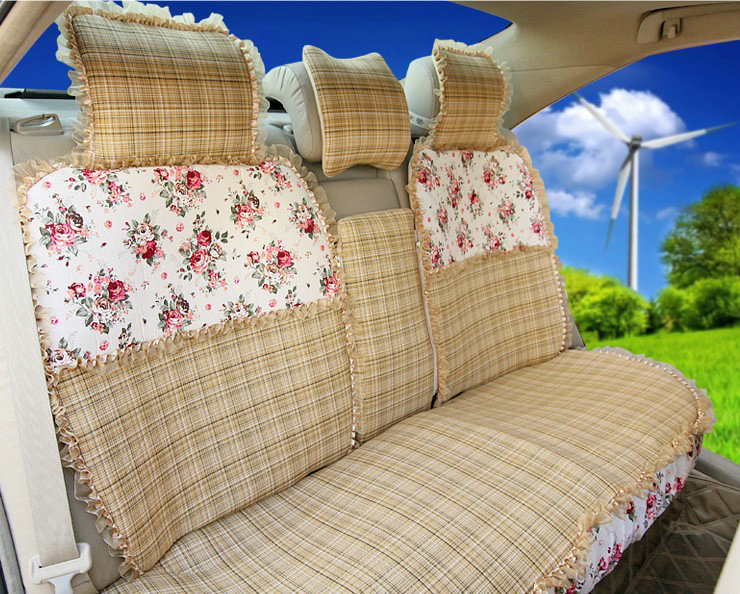 Universal Flax Cotton Flower Print Lace Car Seat Cover Auto Cushion 10pcs Sets - Beige