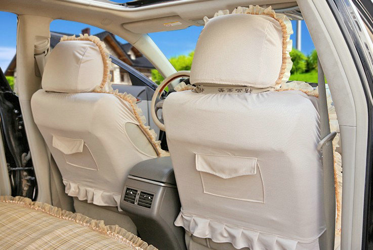 Universal Flax Cotton Flower Print Lace Car Seat Cover Auto Cushion 10pcs Sets - Beige