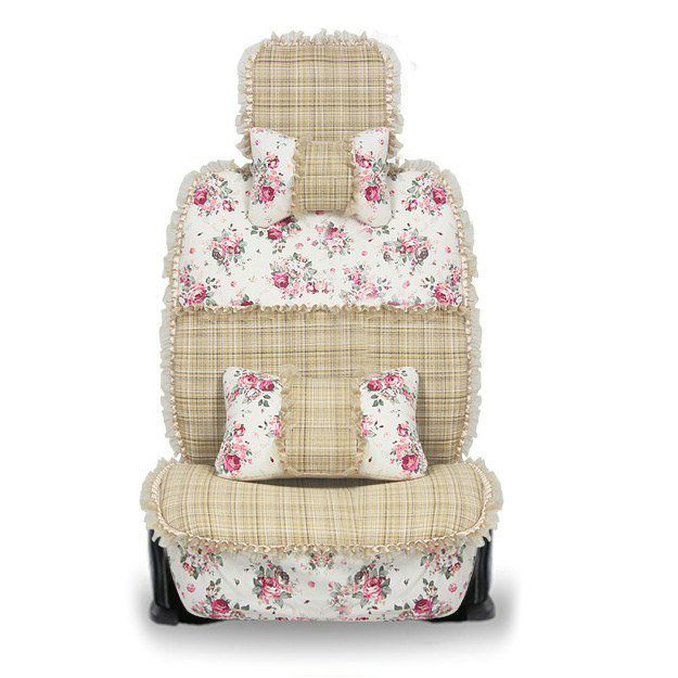 Universal Flax Cotton Flower Print Lace Car Seat Cover Auto Cushion 10pcs Sets - Beige
