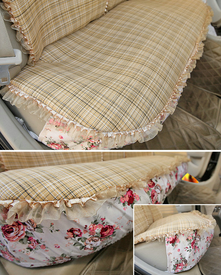 Universal Flax Cotton Flower Print Lace Car Seat Cover Auto Cushion 10pcs Sets - Beige