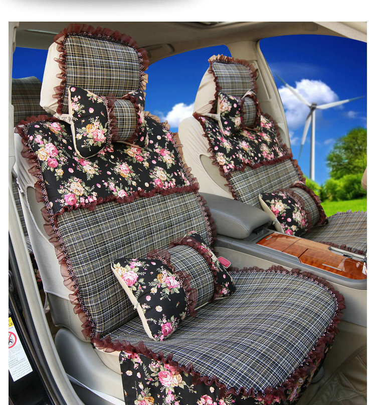 Universal Flax Cotton Hawaiian floral Print Lace Car Seat Cover Cushion 10pcs Sets - Black
