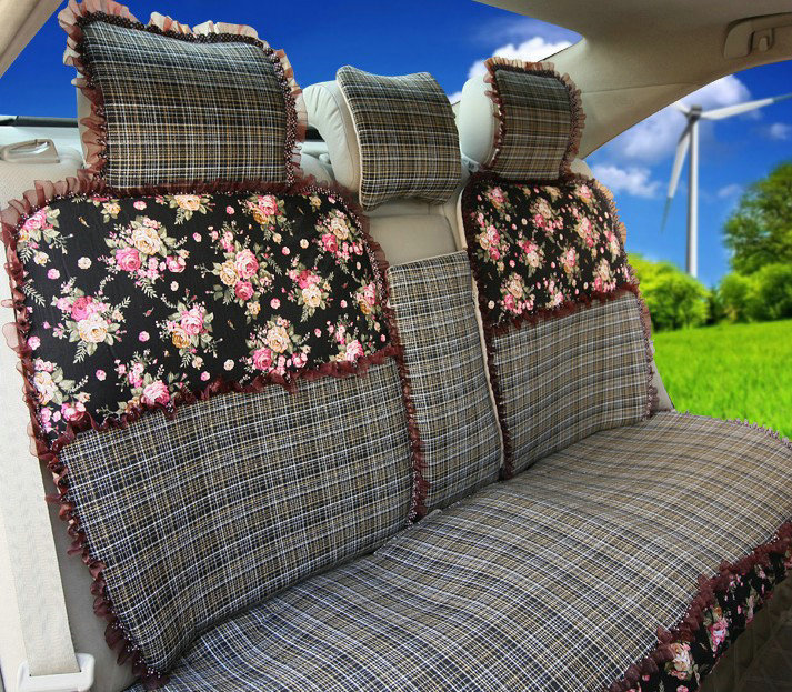 Universal Flax Cotton Hawaiian floral Print Lace Car Seat Cover Cushion 10pcs Sets - Black