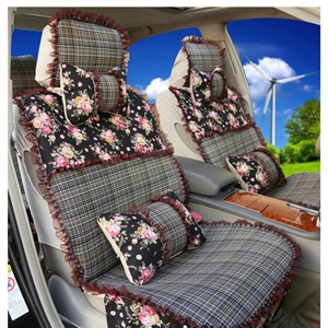Universal Flax Cotton Hawaiian floral Print Lace Car Seat Cover Cushion 10pcs Sets - Black