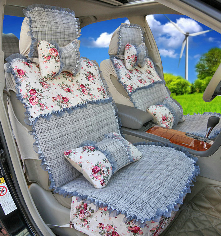 Universal Flax Cotton Hawaiian floral Print Lace Car Seat Cover Cushion 10pcs Sets - Gray